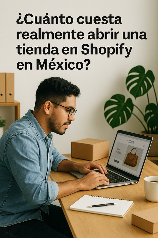 Emprendedor mexicano trabajando en su tienda en línea desde una laptop, con cajas de envío, libreta, café y fondo de oficina minimalista. El texto en la imagen pregunta: ‘¿Cuánto cuesta realmente abrir una tienda en Shopify en México?