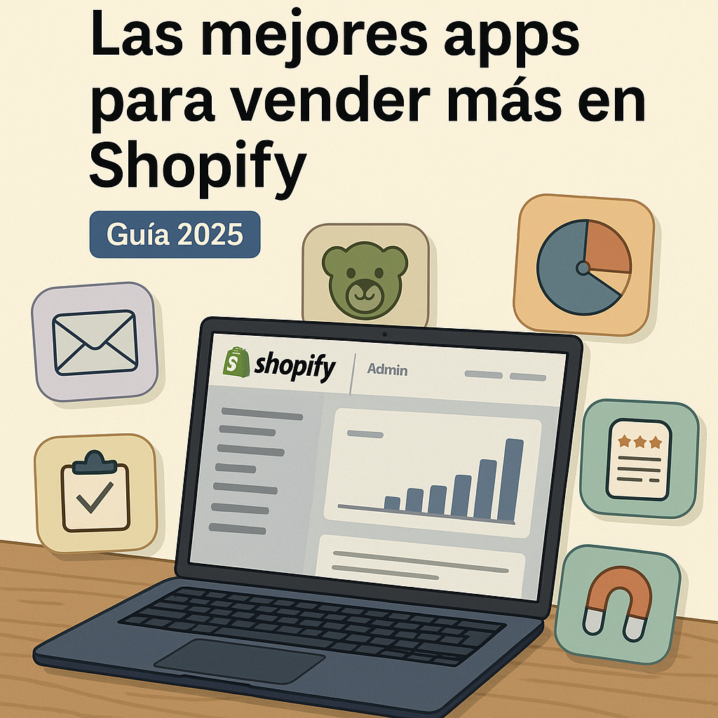 Laptop con panel de administración de Shopify y apps esenciales para optimizar y vender más, ilustración de portada del blog “Las mejores apps para vender más en Shopify – Guía 2025”