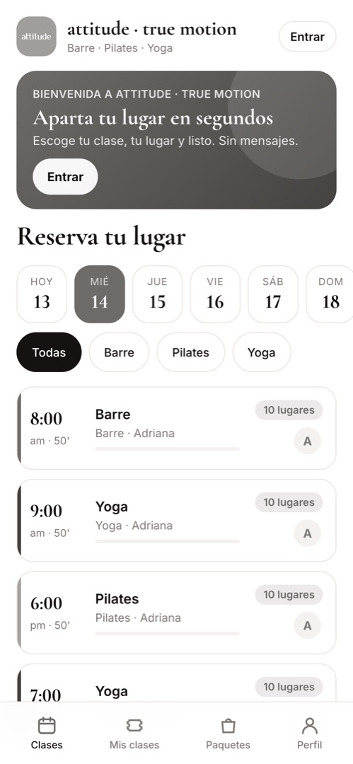 Clases del día para reservar en la app de Attitude