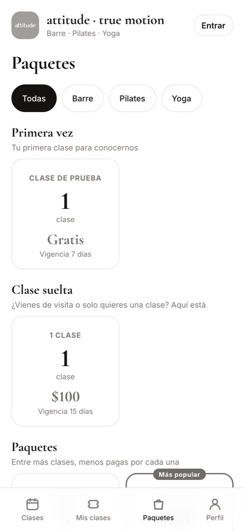 Paquetes de clases en la app de Attitude