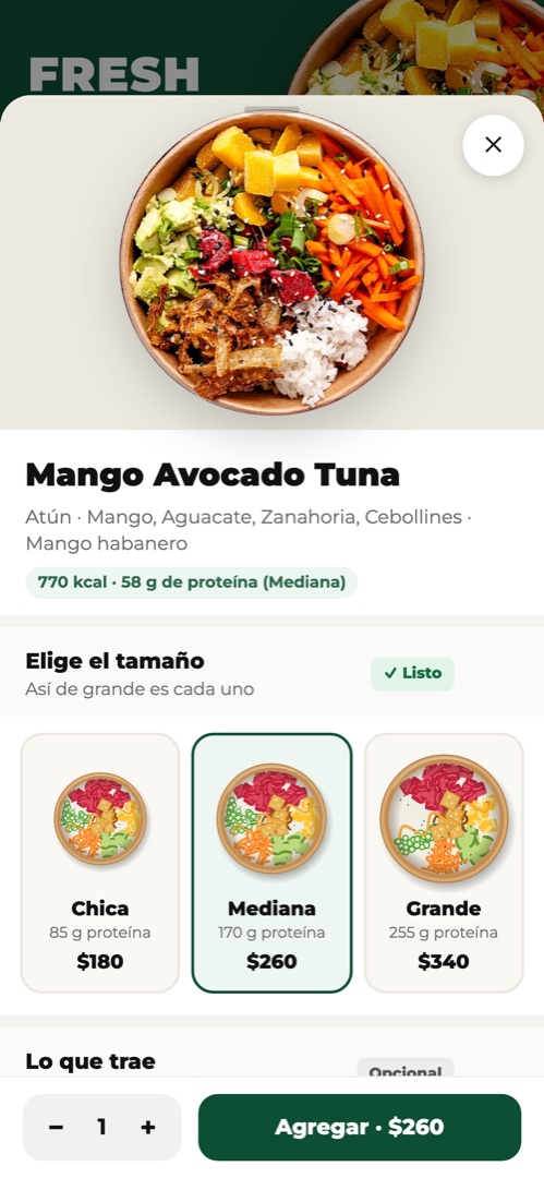 Ficha de un bowl con tamaños en la app de Fresh Bōl