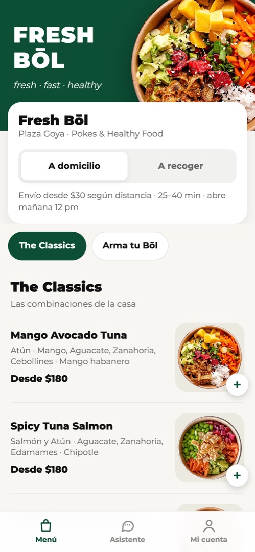 Menú para pedir de Fresh Bōl en celular